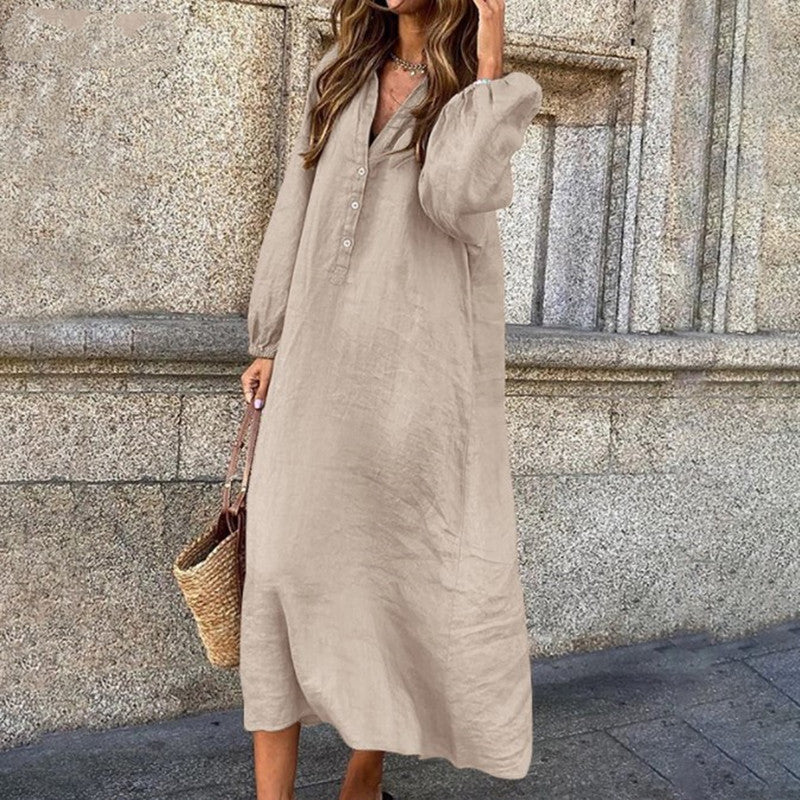 Women Fashion Casual Solid Color V-Neck Button Long Sleeve Dress