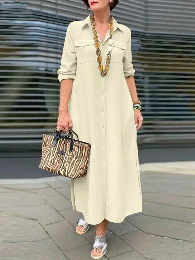 Women Fashion Casual Solid Color Long Sleeve Button Laps Plus Size Dress