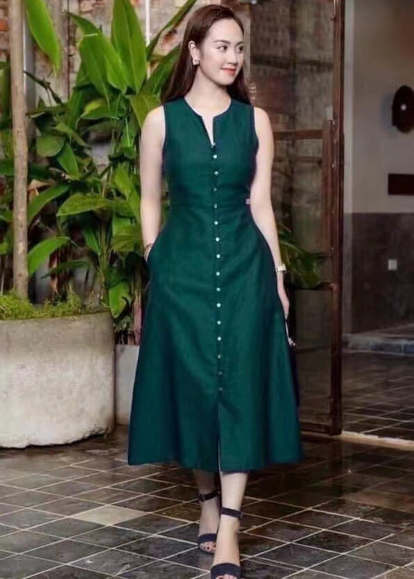 Summer Women Casual Solid Color Round Neck Sleeveless Dress