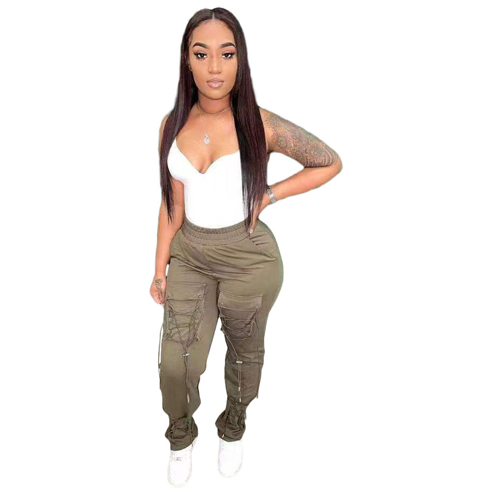 Women Solid Color Elastic High Waist Bandage Casual Pants