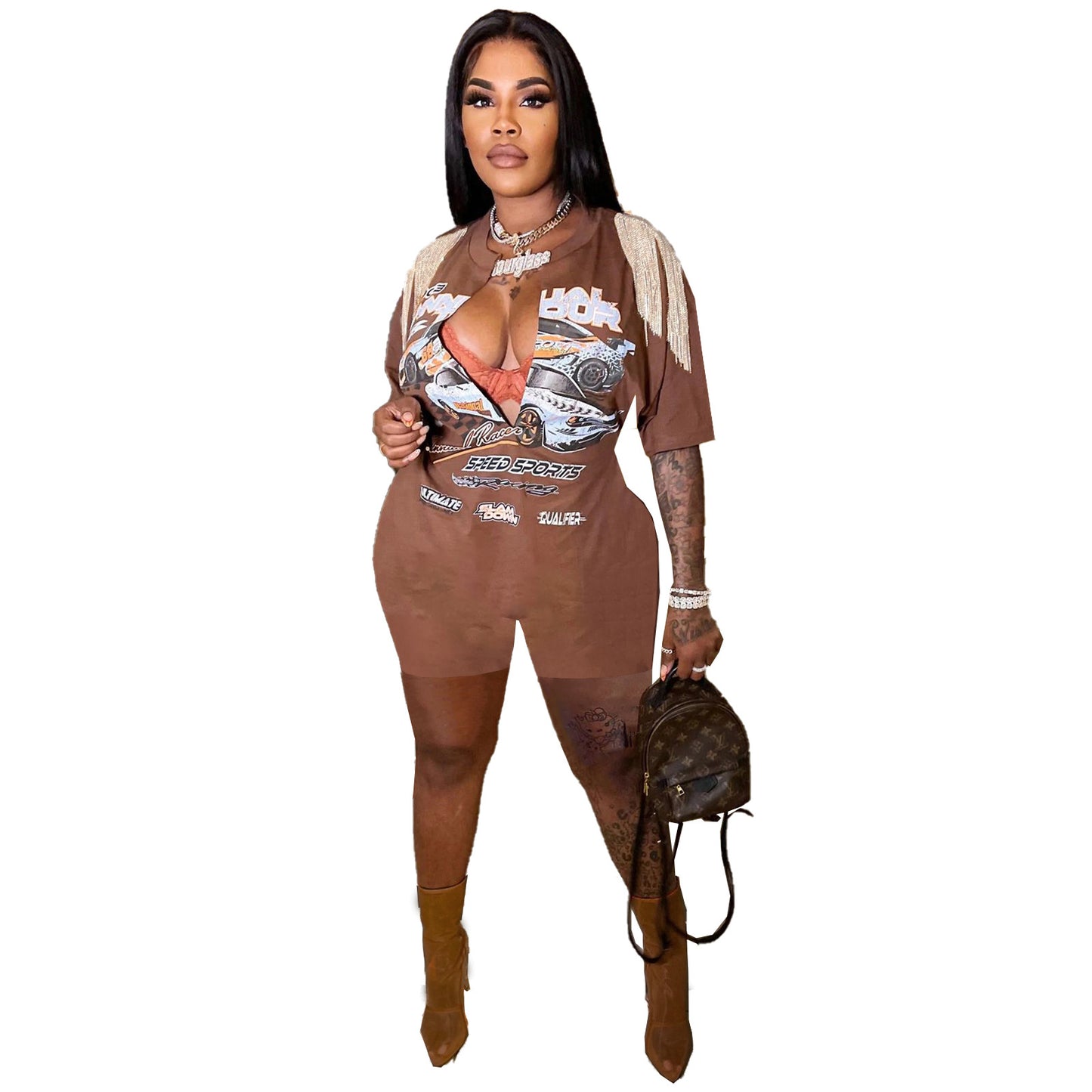 Women Summer Casual Hip-Hop Style Printed Tassel Short-Sleeved Rompers