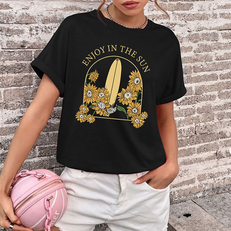 Camiseta informal de verano para mujer con estampado de letras, cuello redondo y manga corta