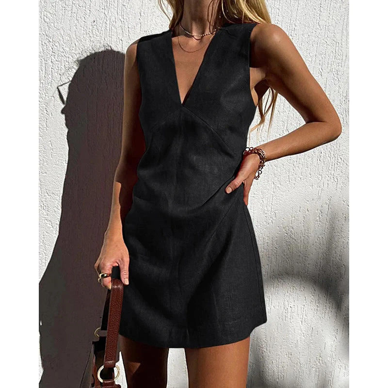 Summer Women Casual Solid Color V-Neck Cotton Linen Sleeveless Dress