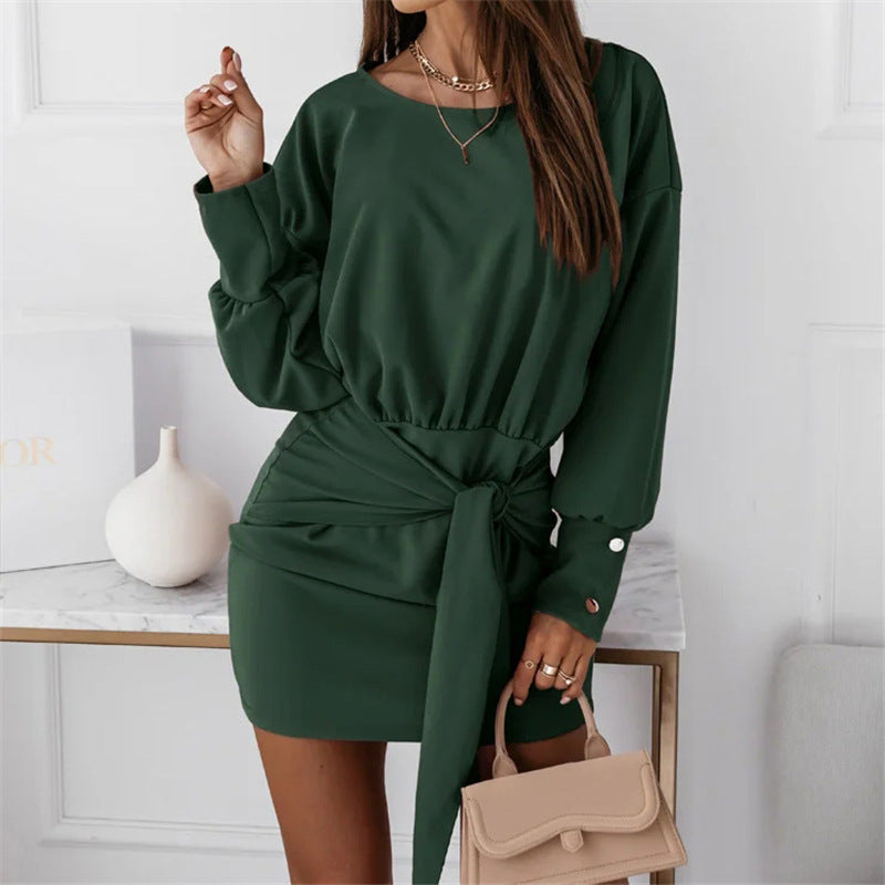 Vestido elegante informal de color liso con cuello redondo y mangas largas anudadas para mujer