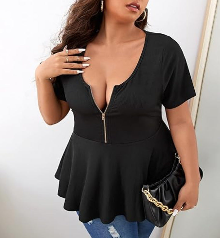 Women Fashion Casual Plus Size Solid Color Splicing Loose Short-Sleeve Zipper Top