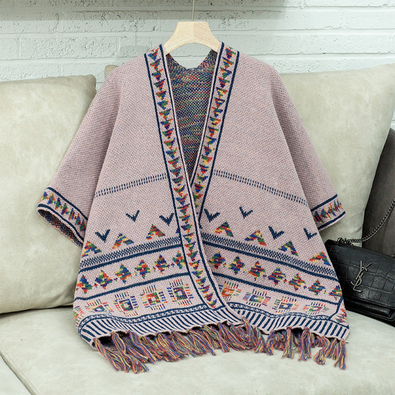 Capa con borlas de jacquard geométrico informal a la moda para mujer, estilo occidental, otoño e invierno