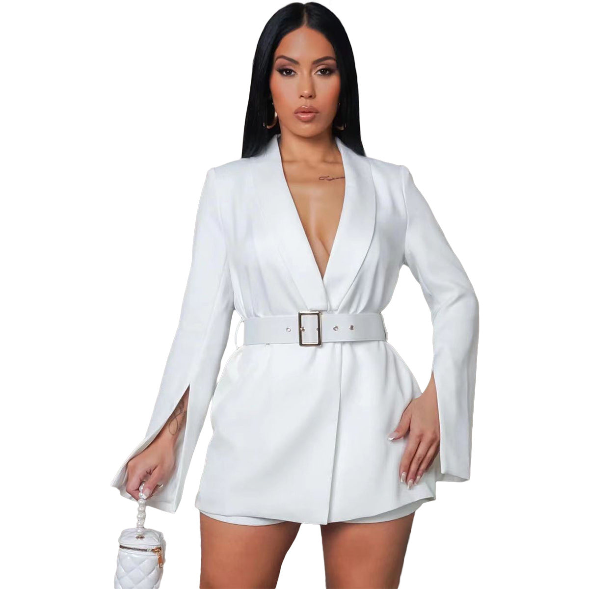 Women Fashion Casual Deep V Long Sleeve Blazer Dress Belt