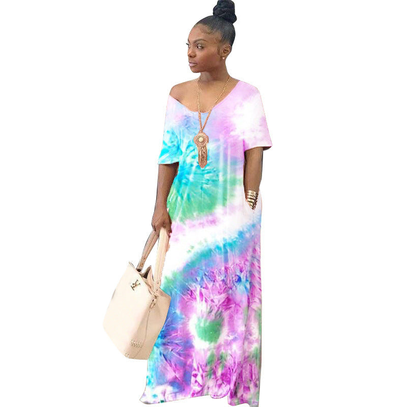 Women Casual Tie Dye Short Sleeves Loose Color Blocking Dress