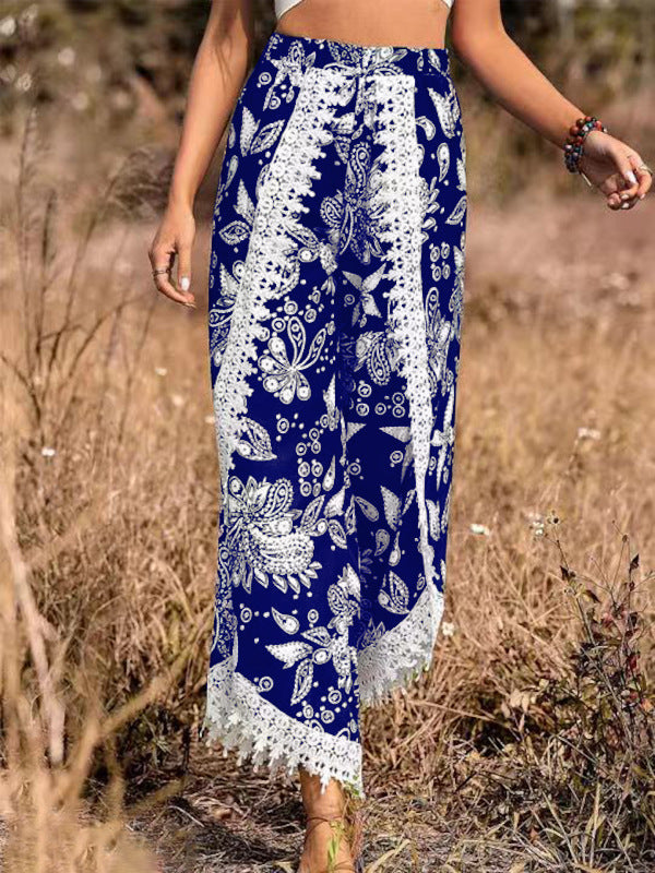 Pantalones holgados de encaje con borlas y estampado paisley vintage bohemio informal para mujer