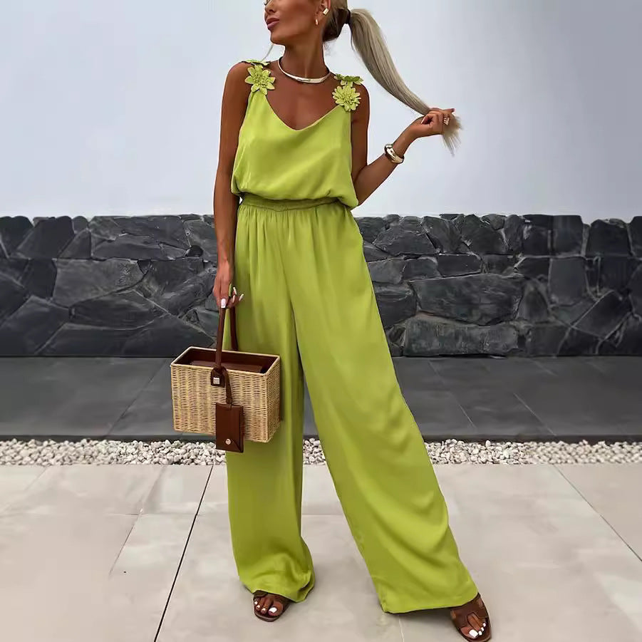 Women Fashion Casual Loose Solid Color V-Neck Strap Sleeveless Pocket Jumpsuits