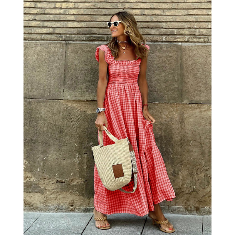 Women Fashion Casual Vacation Boho Plaid Pattern Ruffled Maxi Dress
