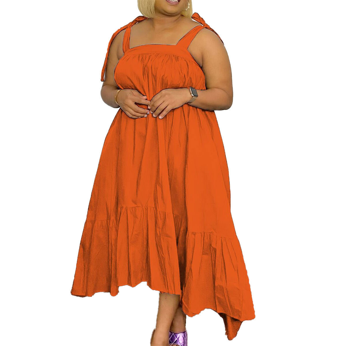 Women Fashion Casual Plus Size Solid Color Sling Dress