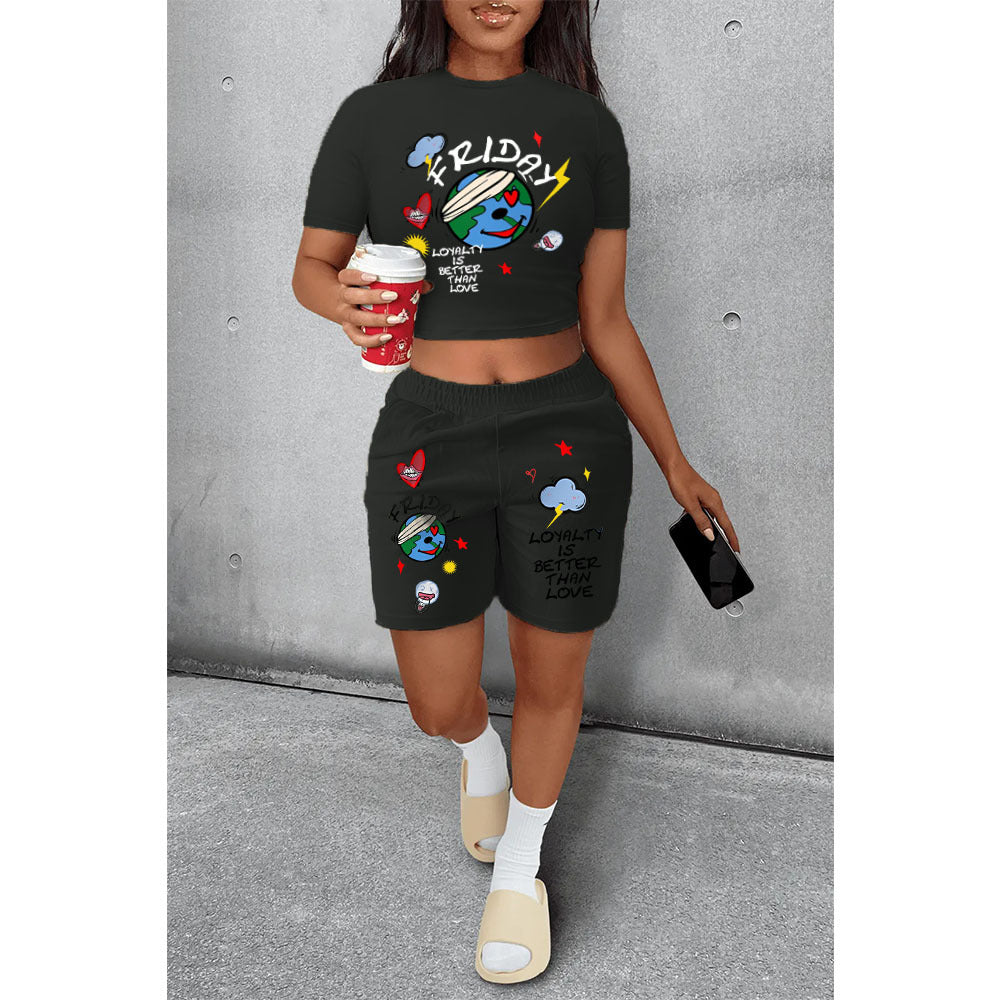 Conjunto informal de dos piezas de camiseta y pantalones cortos de manga corta con estampado de la Tierra para mujer de verano