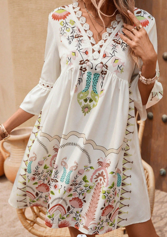 Vestido bohemio informal con cuello en V y estampado de patchwork y encaje para mujer