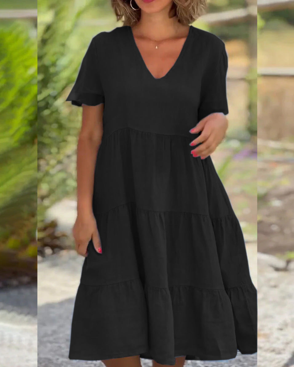 Women Casual Fashion V Neck Short Sleeve Loose Dress