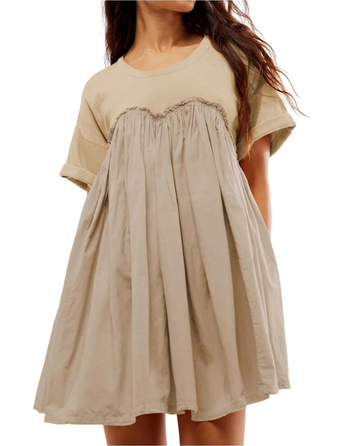 Women Pleated Large Swing Loose Short-Sleeved Casual Loose Dress