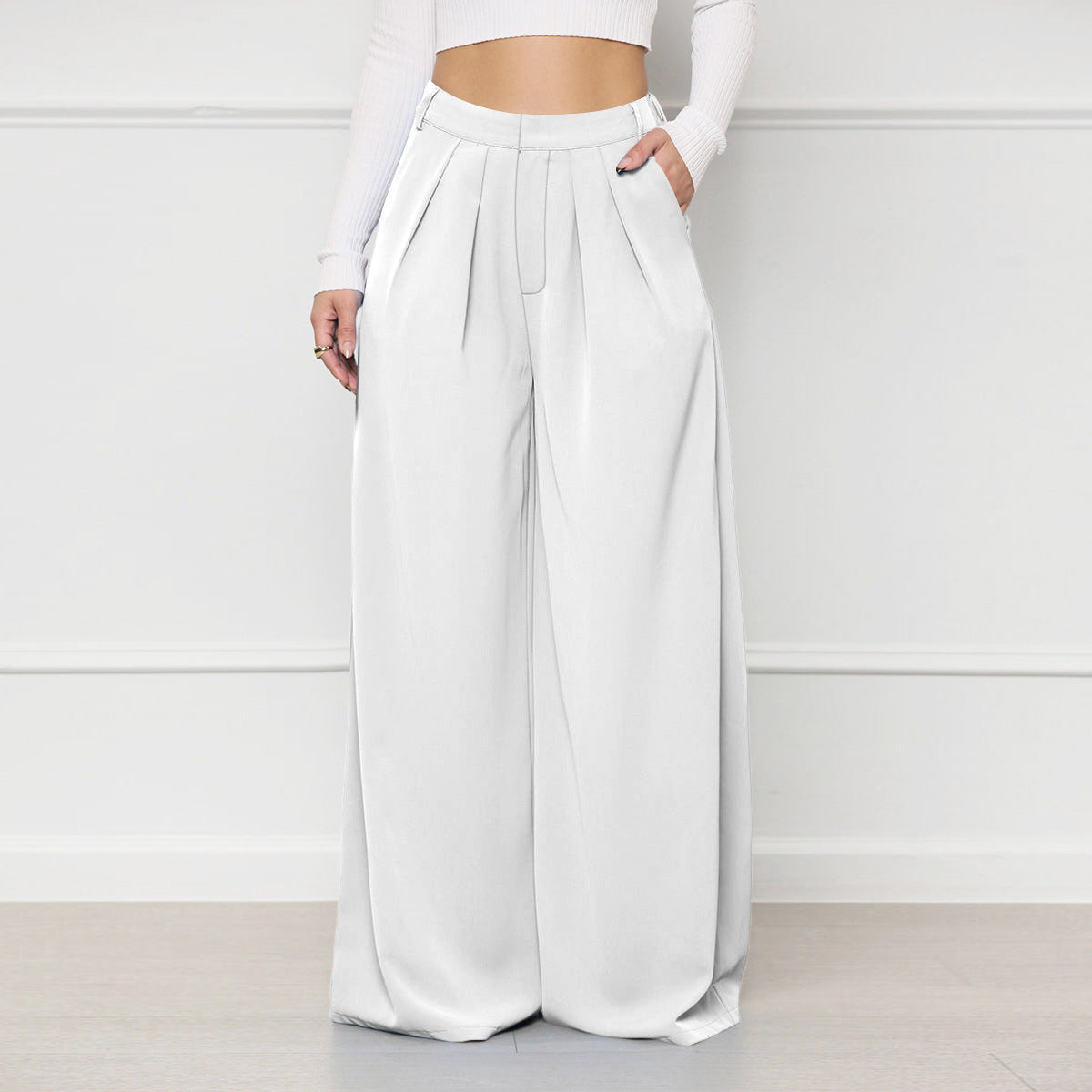 Women Solid Color High Waist Loose Casual Fashion Wide Leg Pants