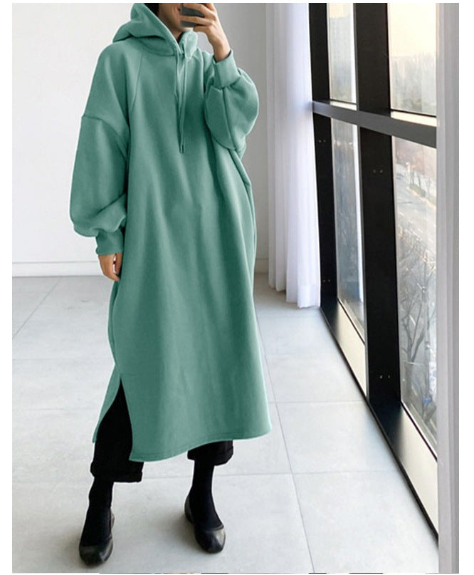 Women Casual Basic Autumn Winter Solid Color Long Sleeve Loose Hooded Dress