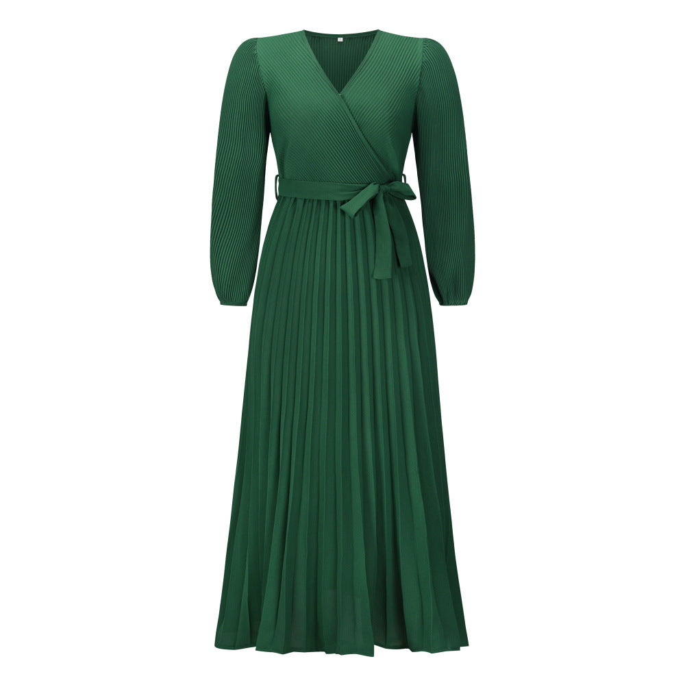 Vestido informal elegante de color liso con escote en V, cordones, manga larga, pliegues y largo medio para mujer