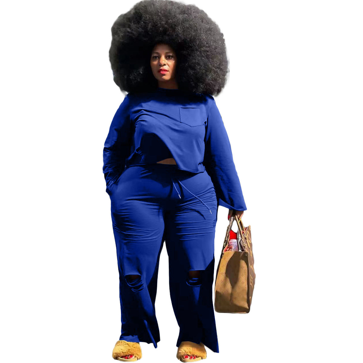 Autumn Plus Size Women Fashion Basic Casual Solid Color Top And Pants Two-piece Set