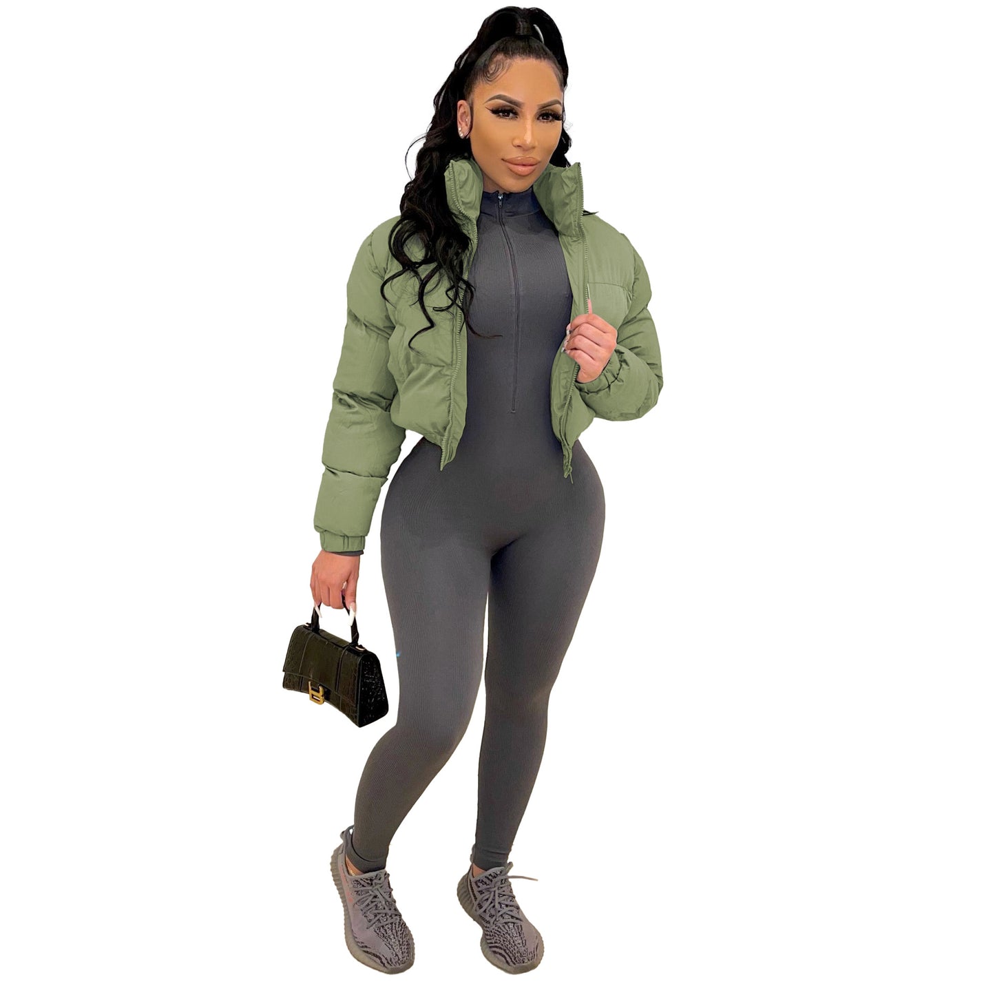 Abrigo acolchado con cremallera de manga larga de color liso informal básico de invierno para mujer