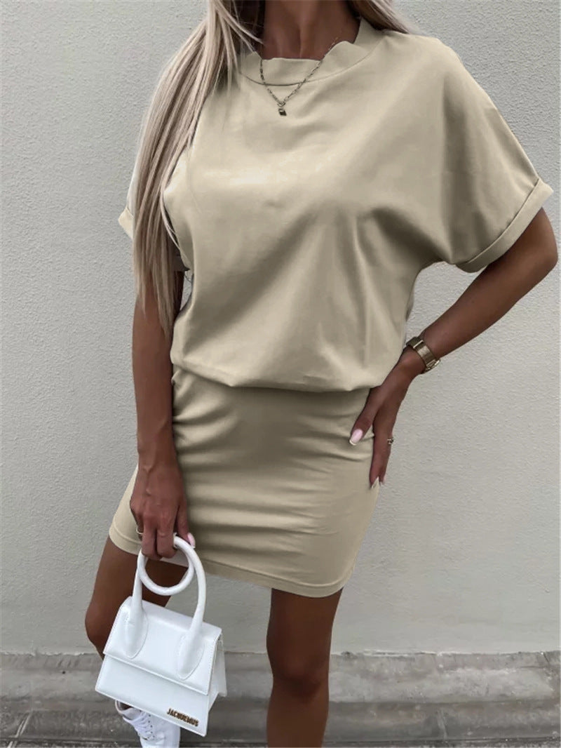 Fashion Summer Women Casual Solid Color Defined Waist Dress