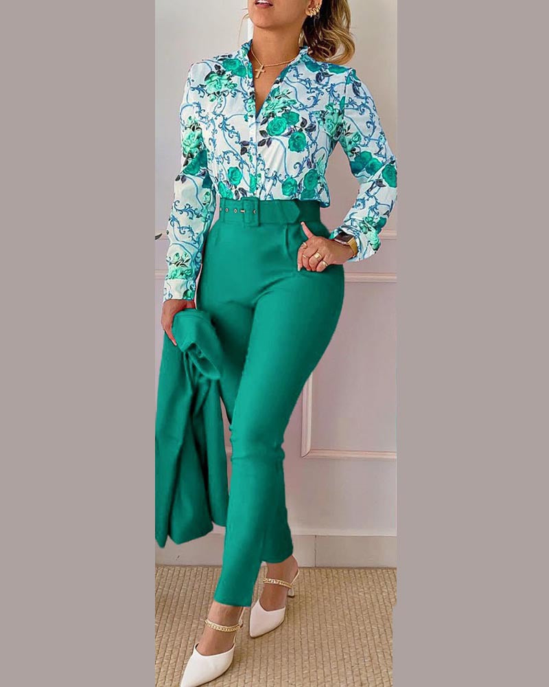 Conjunto de dos piezas de pantalón y top estampado informal a la moda para mujer
