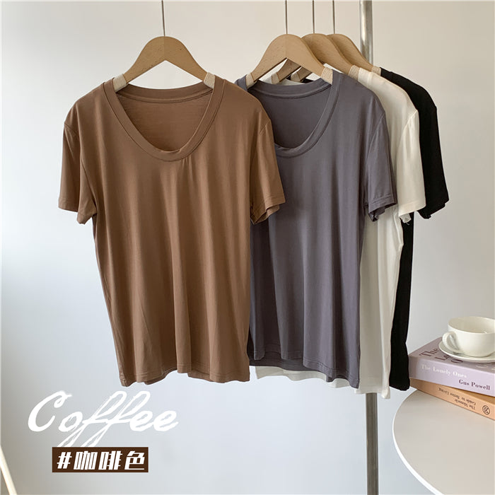 Camiseta informal de verano para mujer, color liso, cuello en U, manga corta, sin mangas
