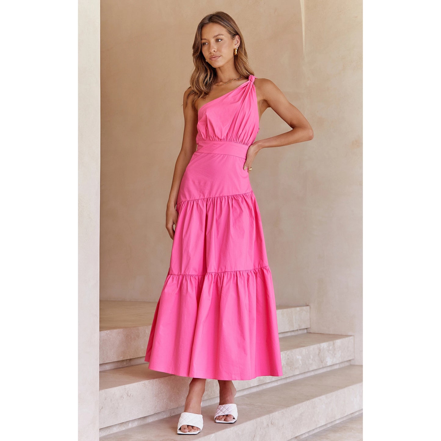 Women Fashion Vacation Floral Print Irregular One Shoulder Casual Maxi Dress