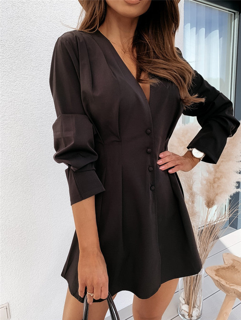 Women Autumn Elegant V-neck Solid Color Button Long-sleeved Casual Dress