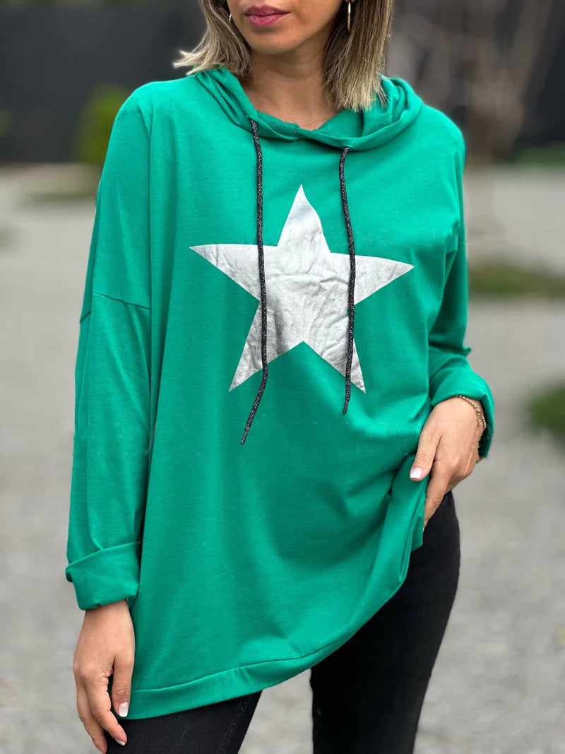 Sudadera con capucha de manga larga con estampado de estrellas para mujer, informal y holgada