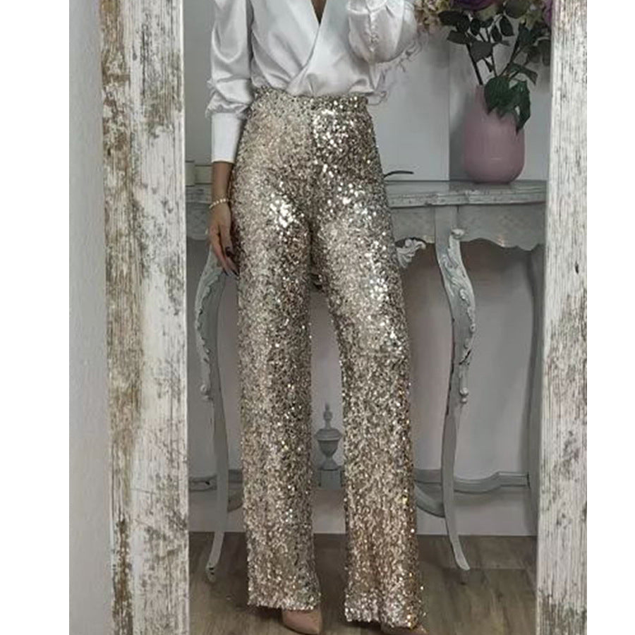 Women Fashion Party Sequins Casual Slim Stretch Multicolor Flared Pants