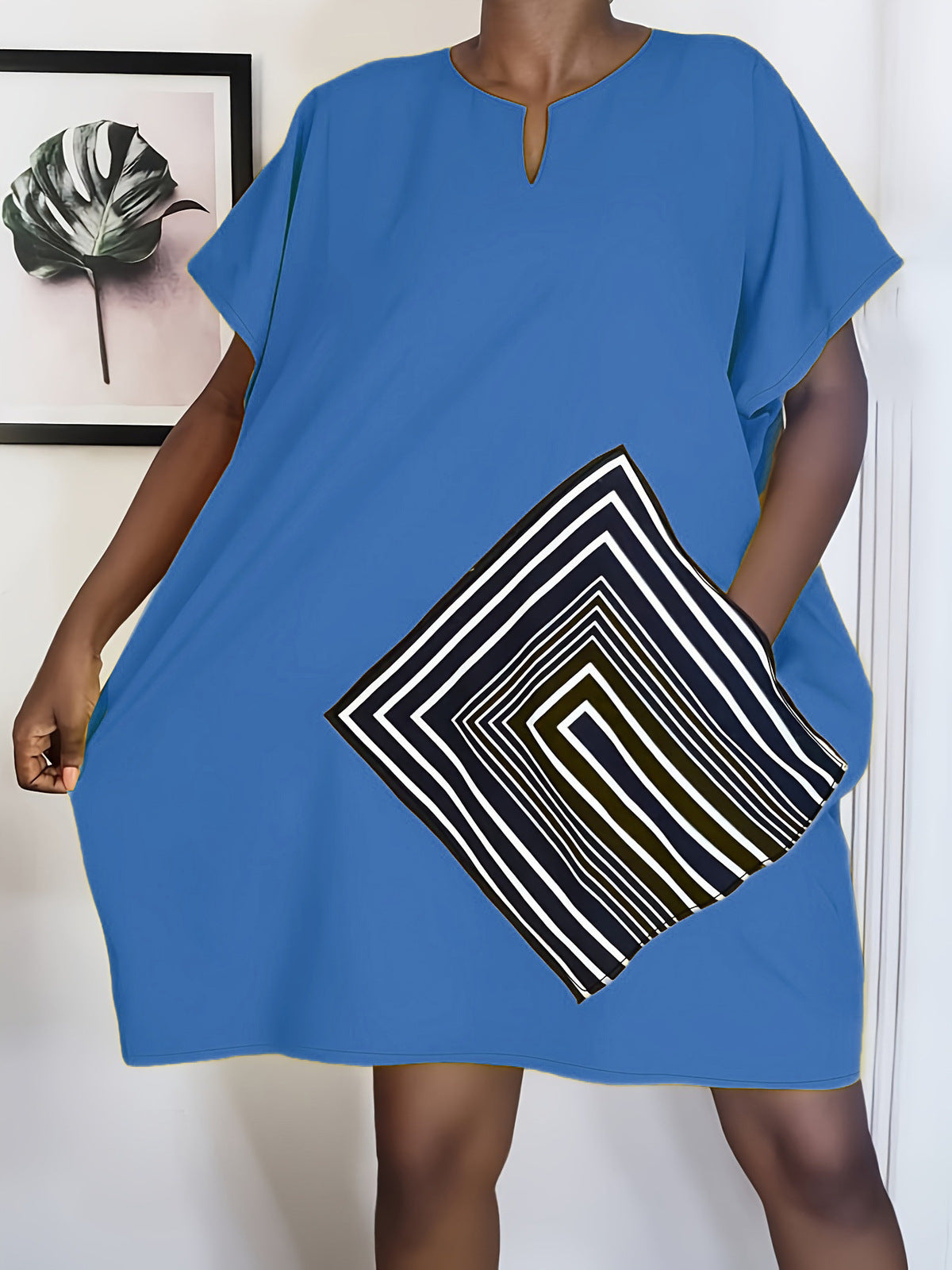 Women Fashion Casual Plus Size Stripe Printed Short Sleeve Dress