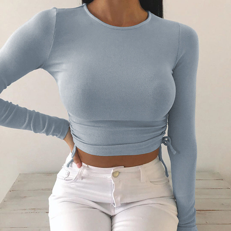 Fashion Basic Casual Women'S Irregular Slim Side Drawstring Long Sleeve Solid Color Basic Crop Top