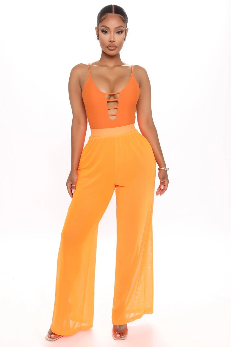 Pantalones anchos informales transparentes de malla lisa y sexy para mujer