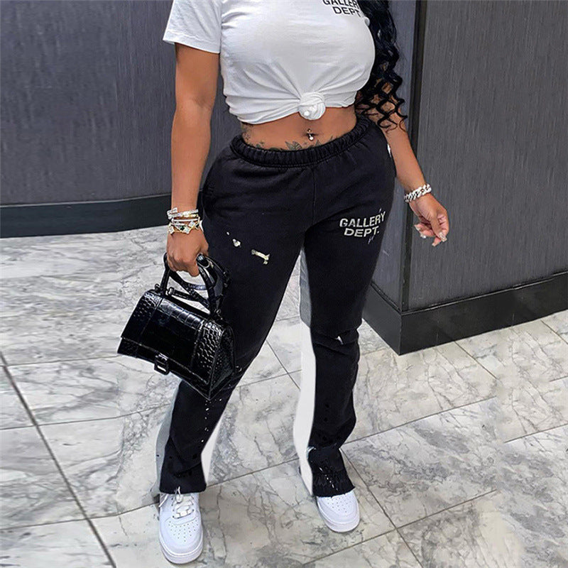 Athleisure Women Straight High Waist Stitching Casual Sports Pants