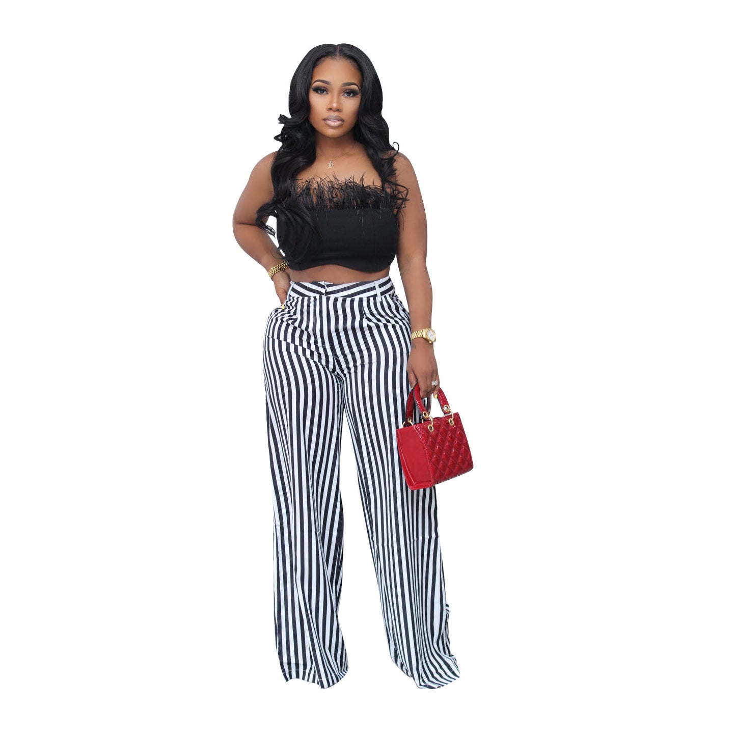 Pantalones anchos de pierna ancha con estampado de rayas informales a la moda para mujer