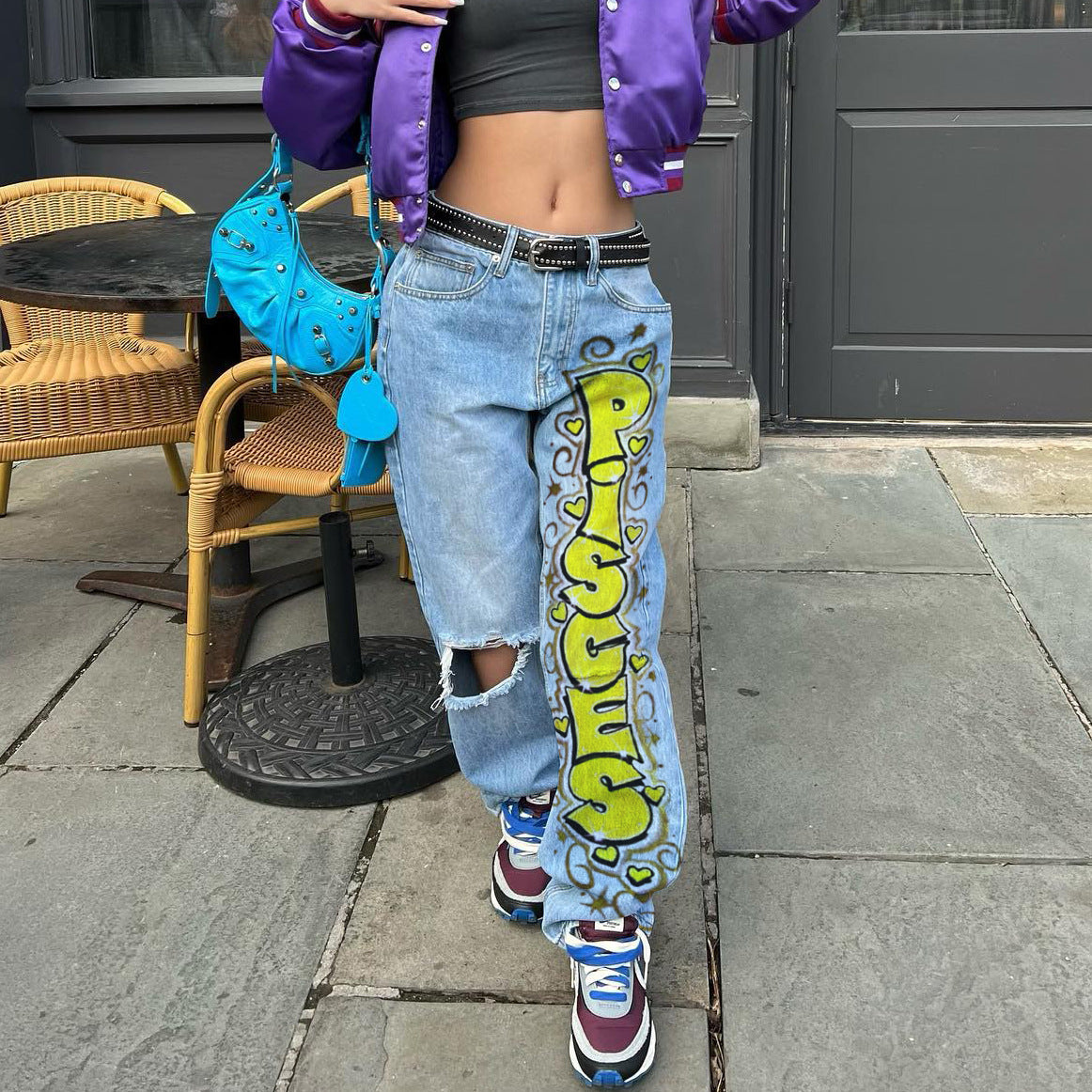 Vaqueros de pierna ancha con estampado de letras rasgadas e informales para mujer