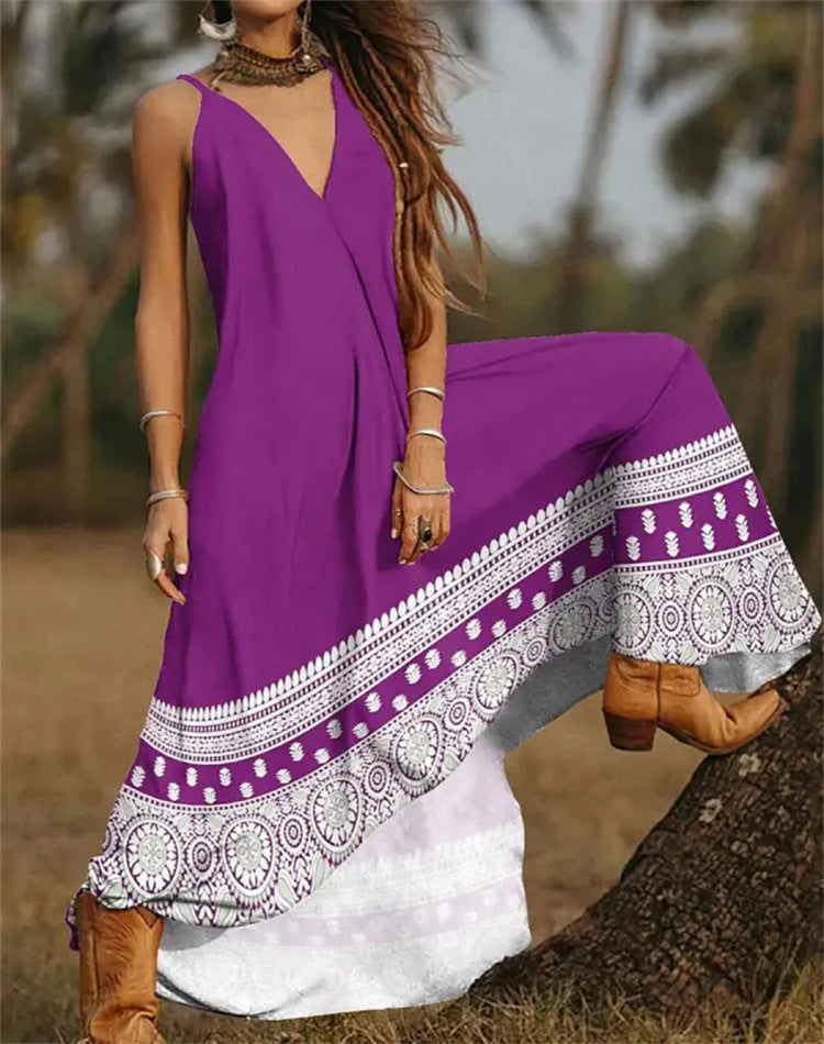 Vestido largo informal con cuello en V y tirantes finos con estampado gráfico para mujer