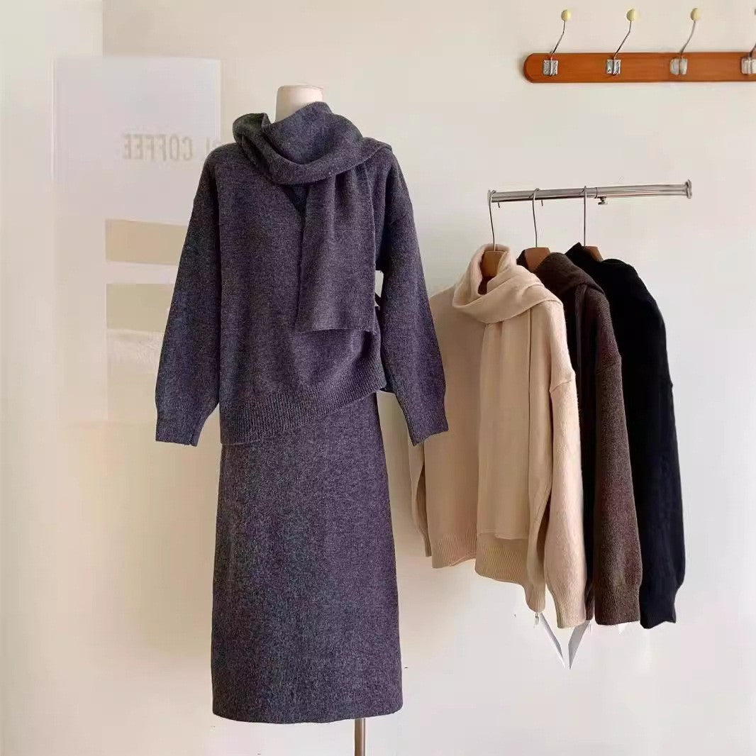 Women Fashion Casual Solid Color Knitted Scarf Long-Sleeve Sweater Loose Skirt Three-Piece Set