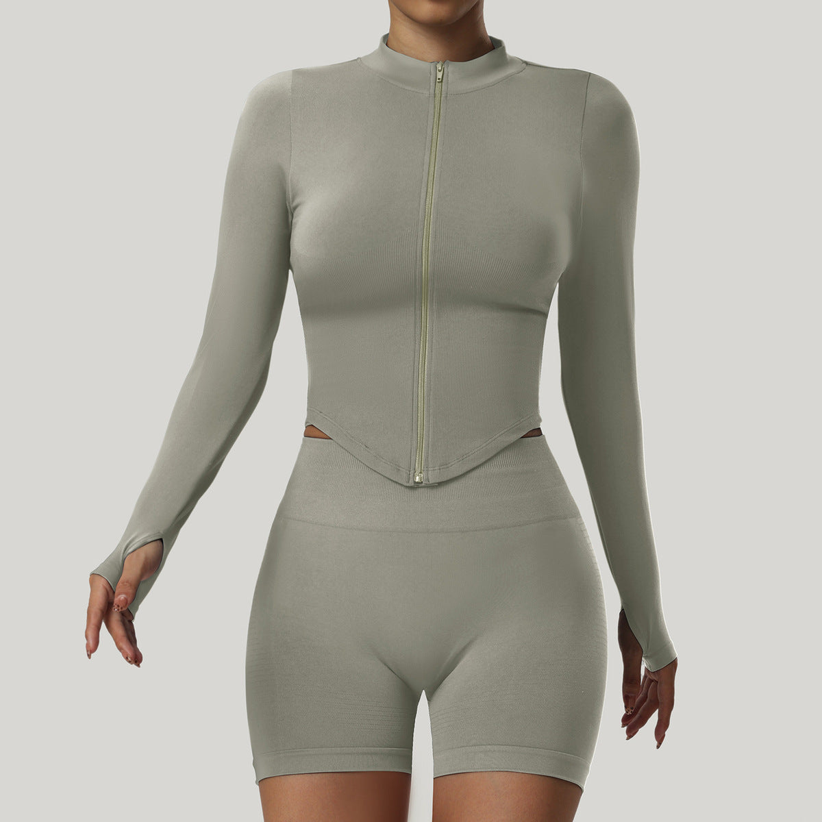 Women Casual Solid Color Vertical Collar Zipper Long Sleeve Tight Yoga Sports Top