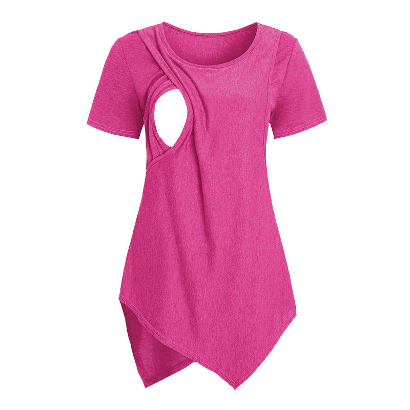 Camiseta de lactancia materna informal de manga corta con cuello redondo irregular para embarazadas