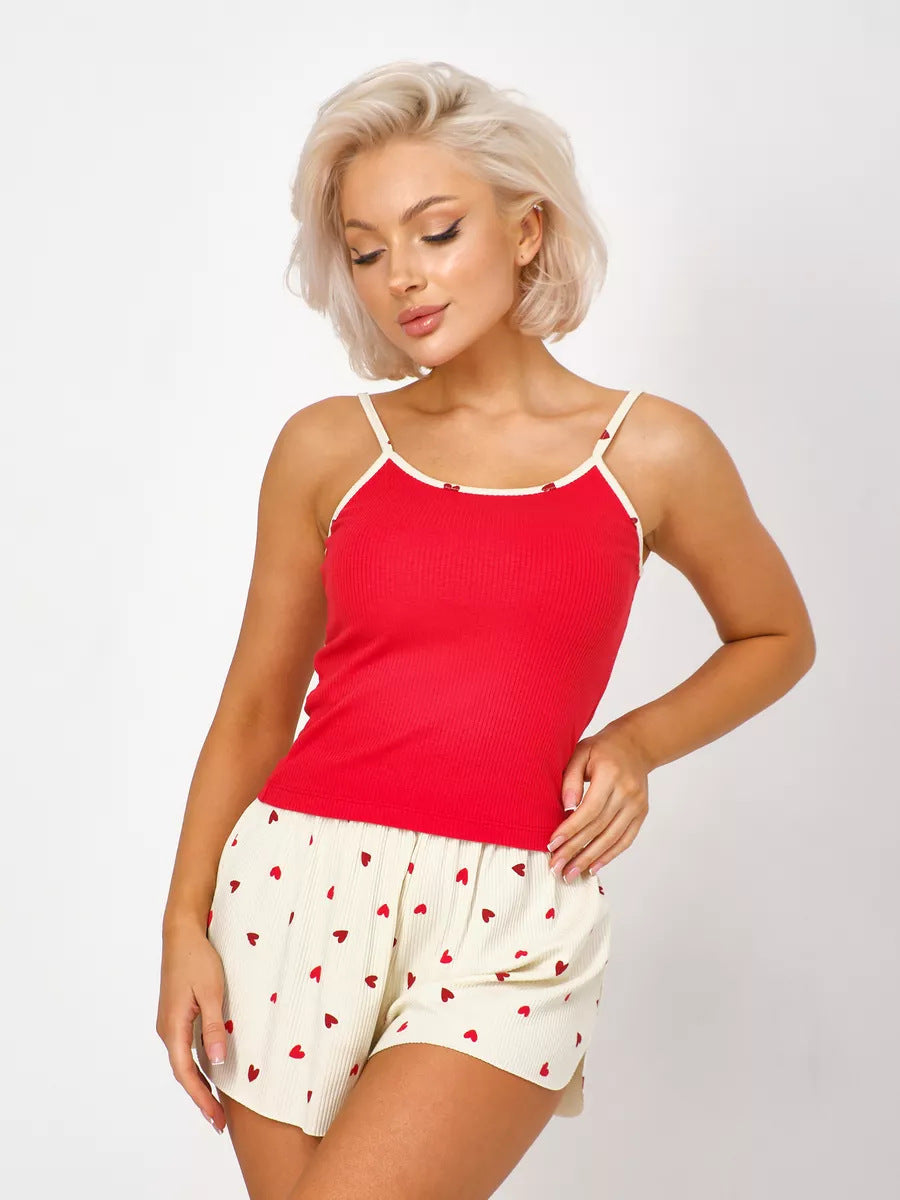 Pijamas con estampado de corazones para mujer, pantalones cortos con tirantes y corazón de amor, ropa informal de punto acanalado para el hogar