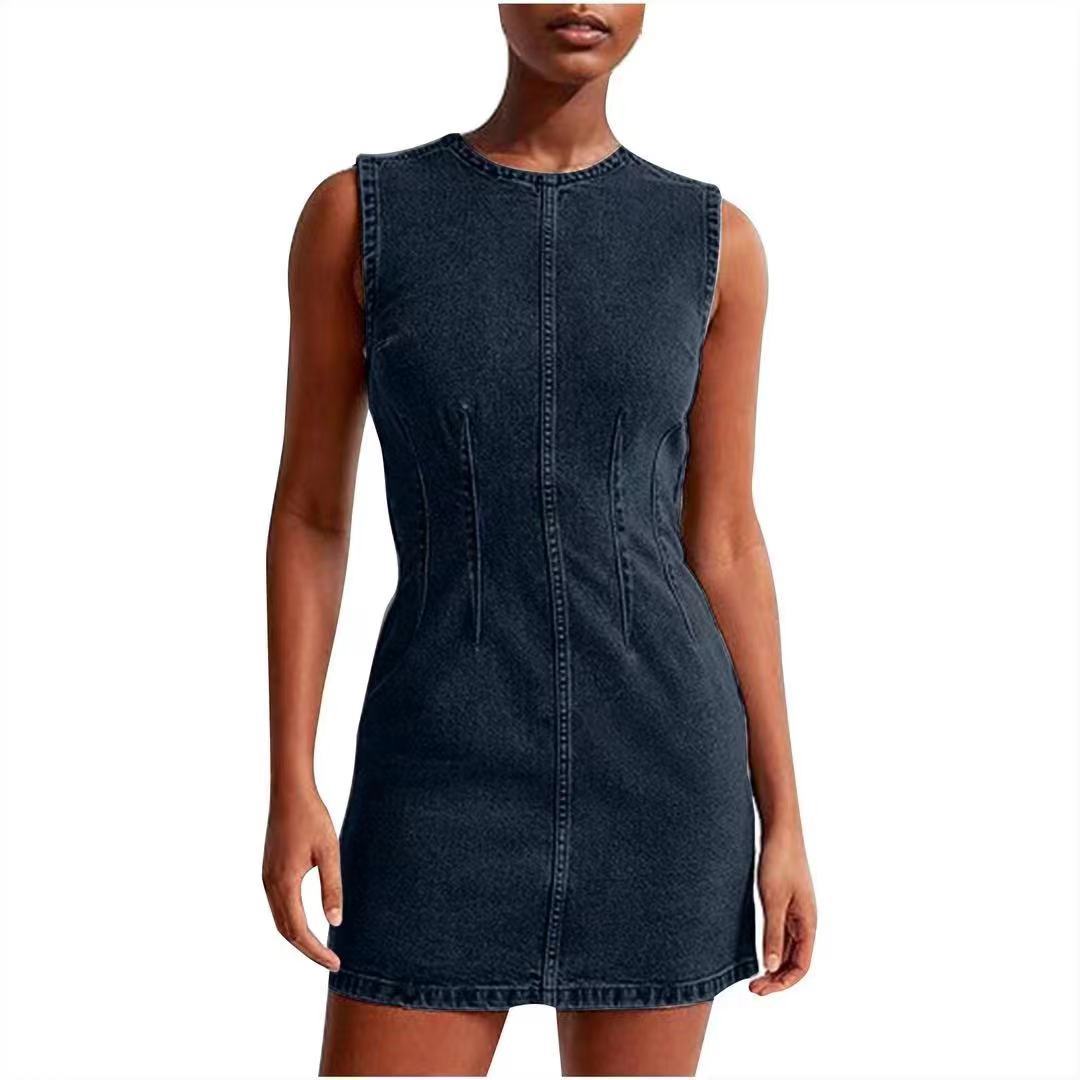 Vestido vaquero informal sencillo de color liso con cuello redondo, sin mangas y corte ajustado para mujer