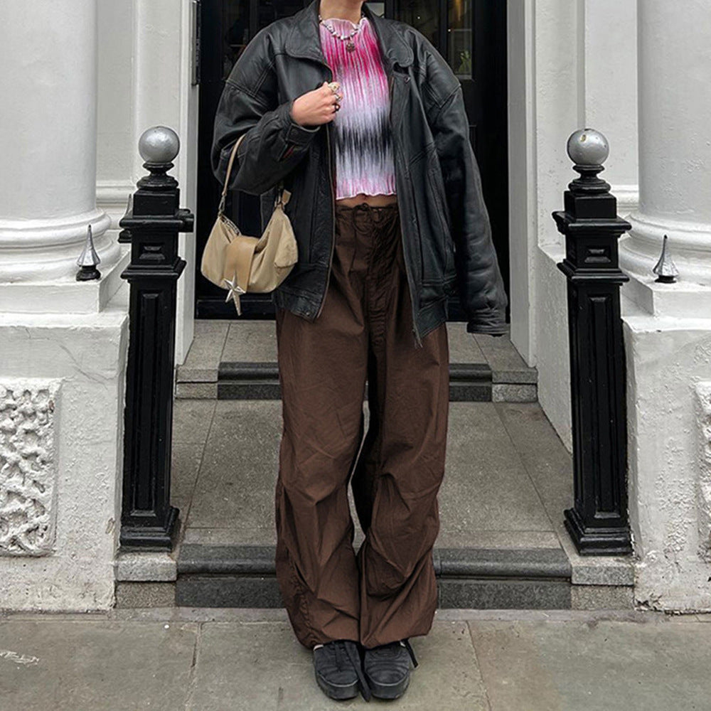 Fashion Street Women Solid Color Low Waist Casual Wide Leg Overalls Loose Cargo Pants