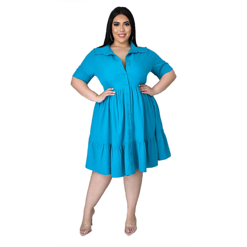Plus Size Women Summer Casual Solid Color Short Sleeves Single-breasted Ruffled Shirt Dress