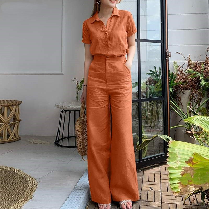 Conjunto de dos piezas de top y pantalón de manga corta con solapa y color liso informal para mujer