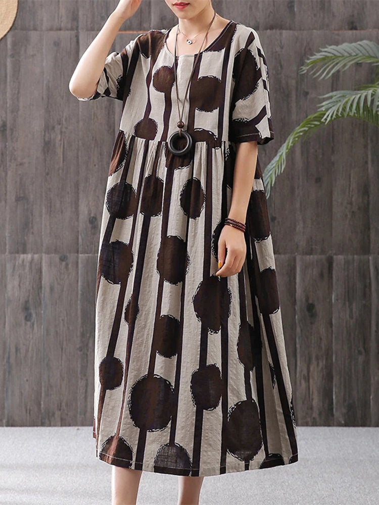 Vestido holgado informal elegante con estampado de lunares, cuello redondo, manga corta y talla grande para mujer