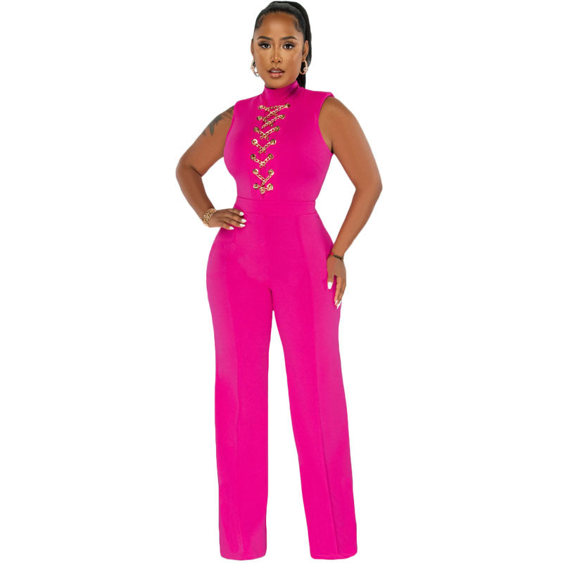 Women Solid Color High Waist Casual Wide Leg Jumpsuit