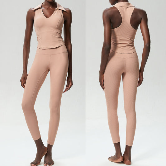 Conjunto de dos piezas de pantalones de yoga deportivos informales con escote en V profundo para mujer